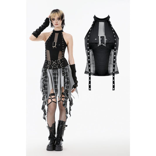 Punk Rave Bondage Mesh Panel Buckle Top