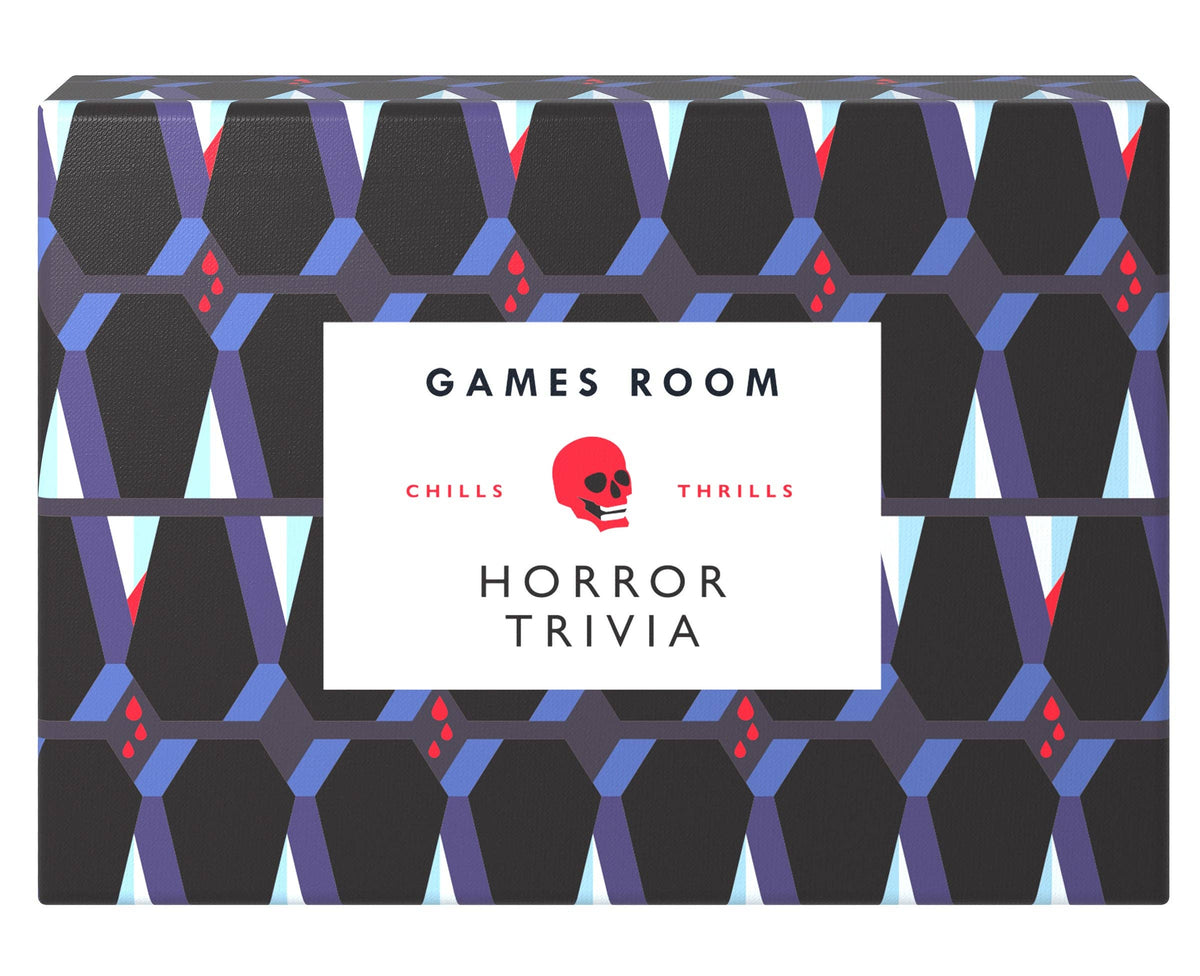 Front of the Games Room Horror Trivia box, with a navy and black geometric print and a grey label with a red skull.