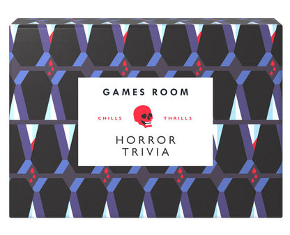 Front of the Games Room Horror Trivia box, with a navy and black geometric print and a grey label with a red skull.