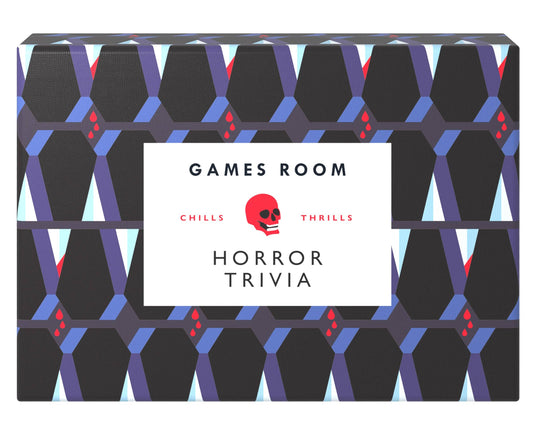 Front of the Games Room Horror Trivia box, with a navy and black geometric print and a grey label with a red skull.