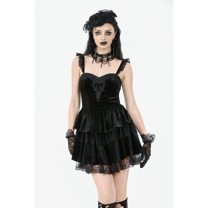 Dark in Love Nocturne Ruffled Velvet Lace Goth Dress in Black