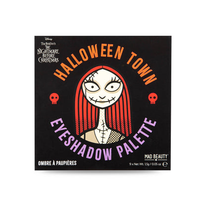 Mad Beauty Sally Nightmare Before Christmas eyeshadow palette box, red and black with Halloween Town artwork