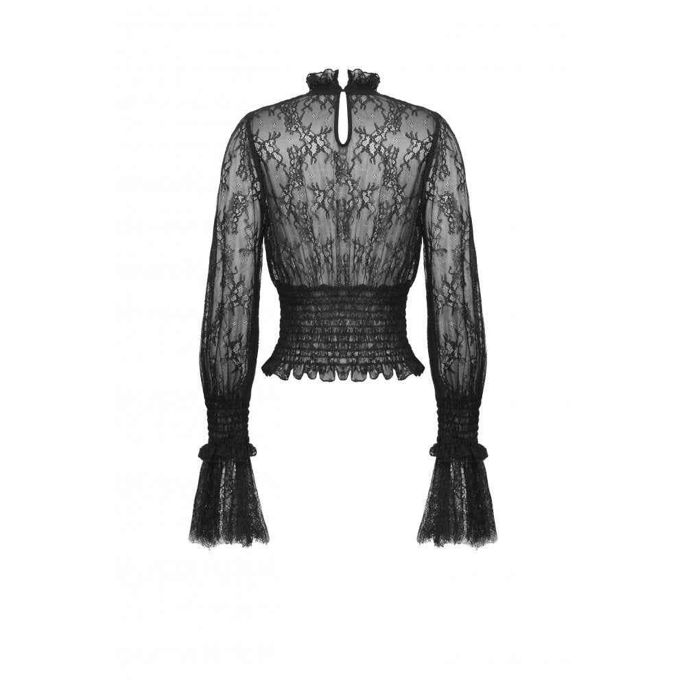Dark in Love Aoife Black Hollow Lace Elastic Pleated Waist Eyelash Lace Cuff Top - Kate's Clothing