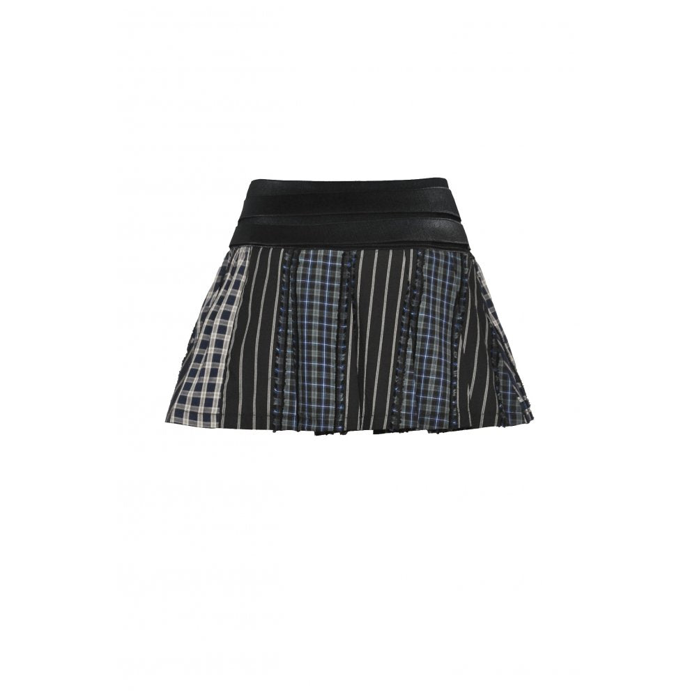 Dark in Love Sage Colorful Plaid Patchwork Leather-Waist Skirt