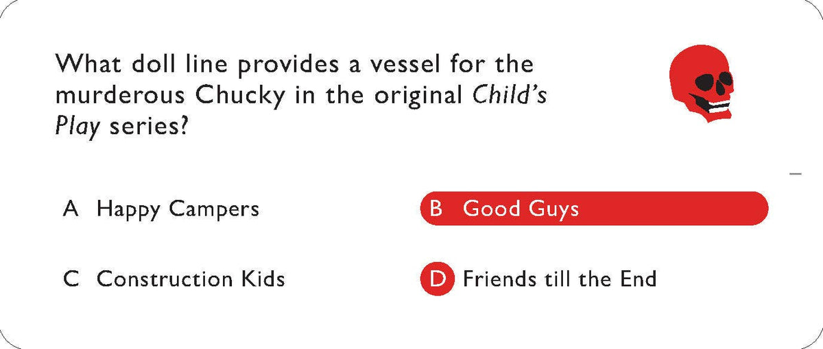 Horror Trivia question card with four multiple-choice answers and a small red skull.