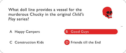 Horror Trivia question card with four multiple-choice answers and a small red skull.