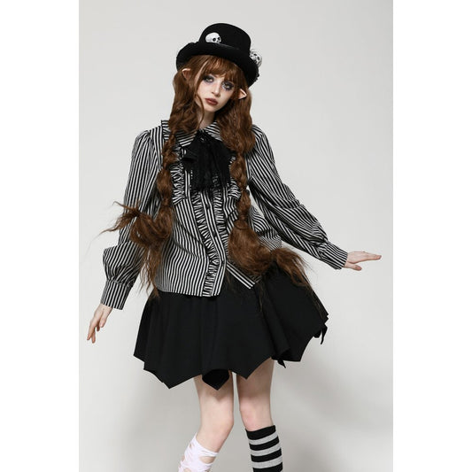 Dark in Love Elsbeth Gothic Lolita Striped Blouse with Skull Pendant Collar - Kate's Clothing