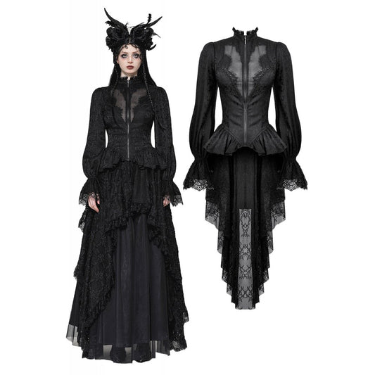 Dark in Love Felicity Gothic Lacey Zip Up Tailcoat Shirt - Kate's Clothing