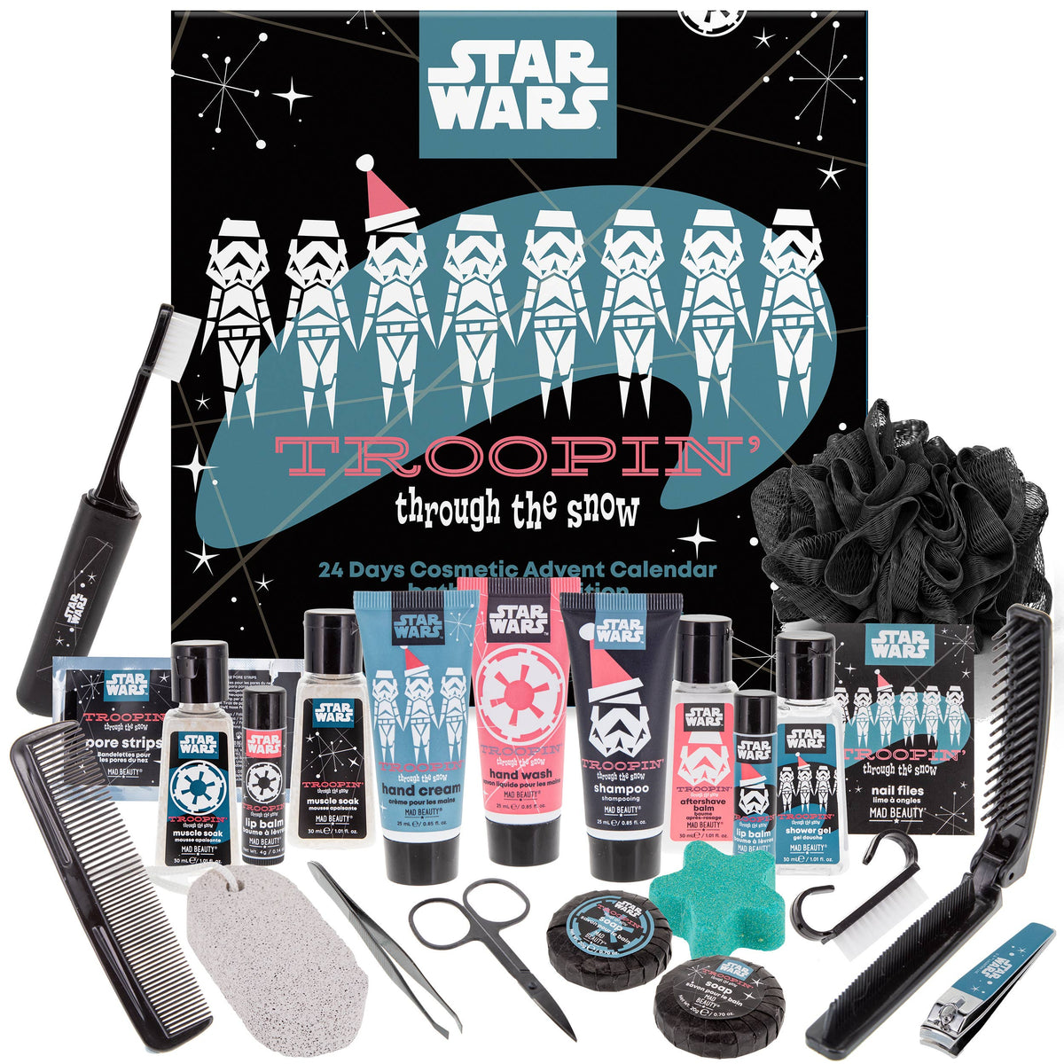 Mad Beauty Star Wars Troopin advent calendar box, stormtrooper artwork, shown with all 24 grooming and body care products