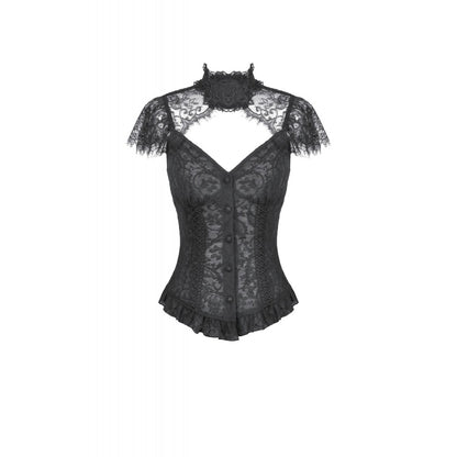 Black Floral Lace High-Neck Gothic Shoulder-Mantle Corset Top