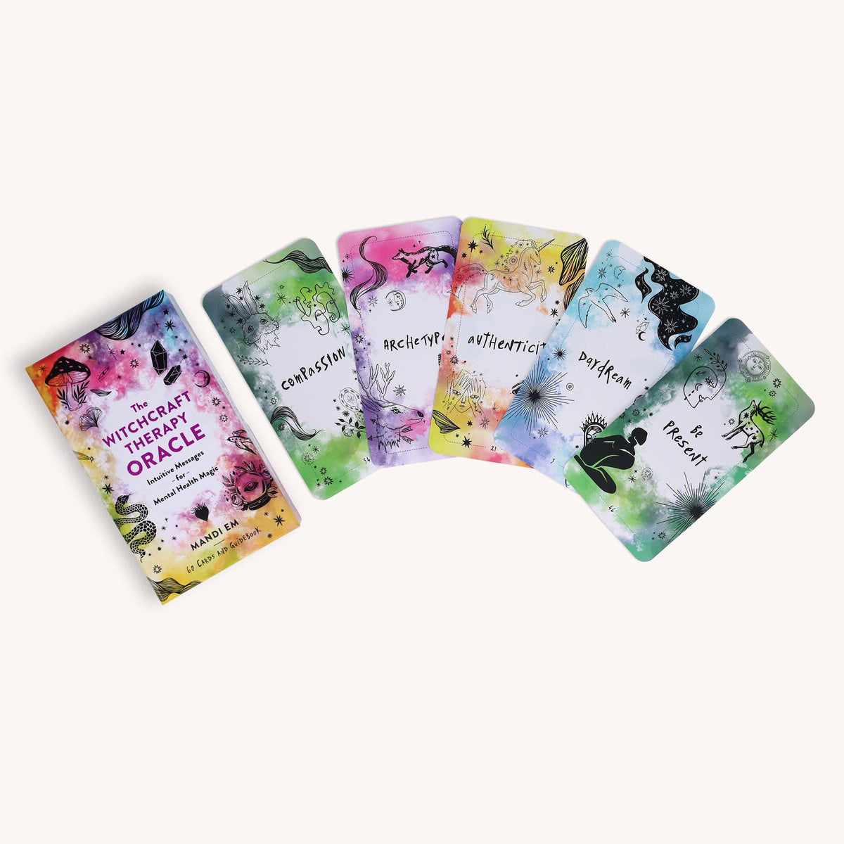 Five oracle cards fanned out on a pale pink background.