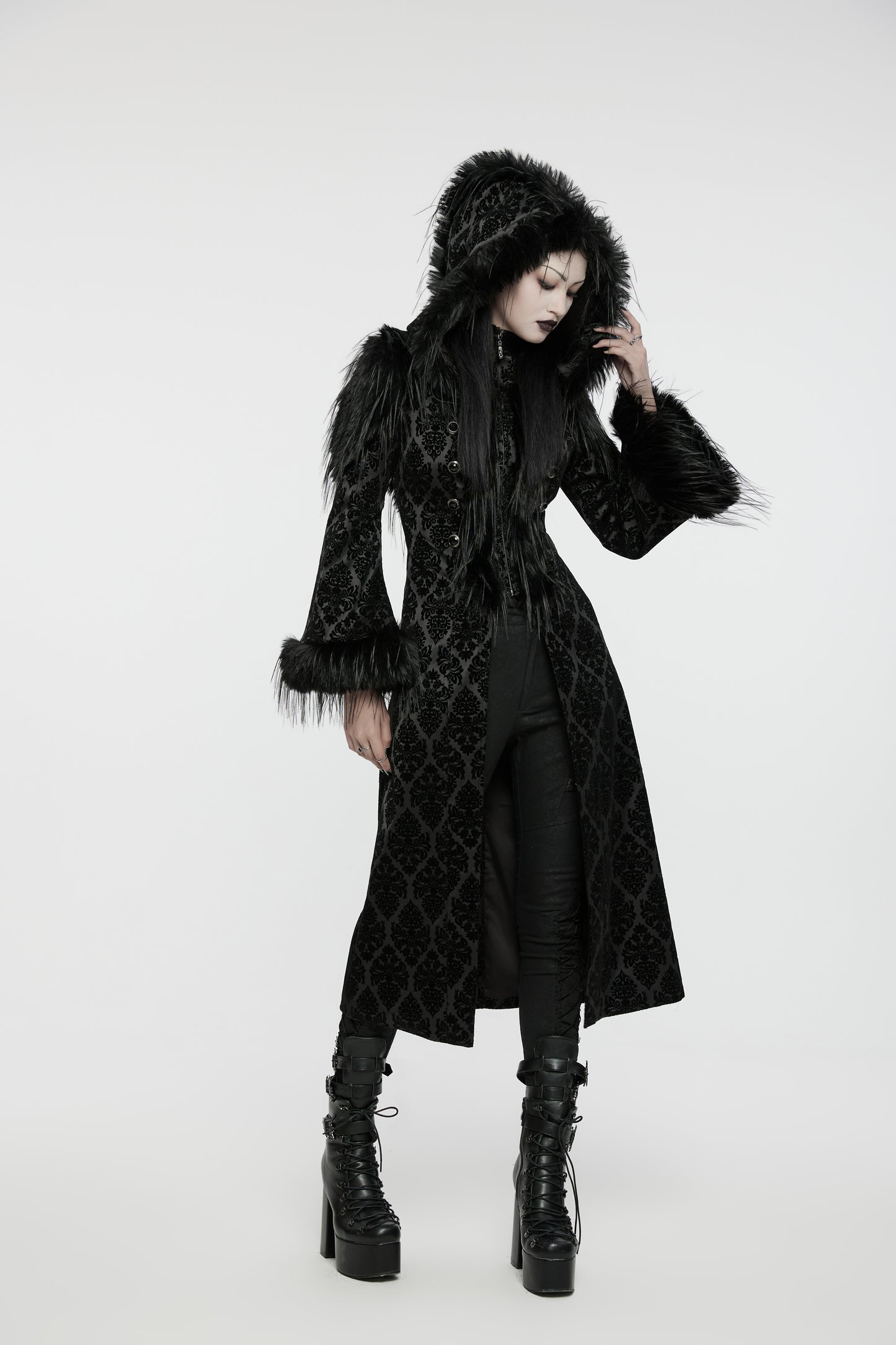 Punk Rave Morrigan Goth Gorgeous Jacquard Coat - Black
