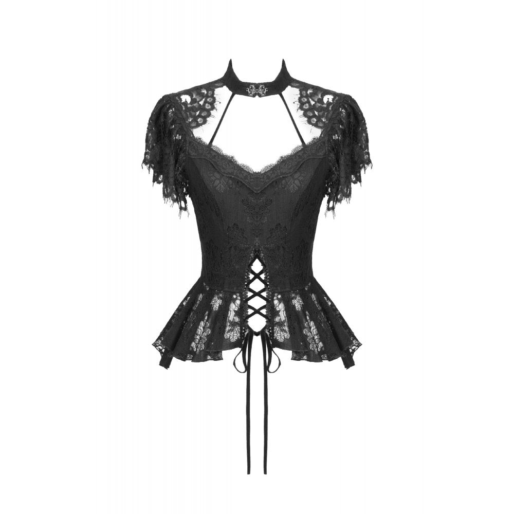 Black lace corset  top with ruffled sleeves on a white background