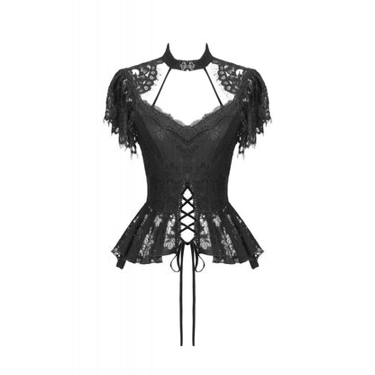 Black lace corset  top with ruffled sleeves on a white background