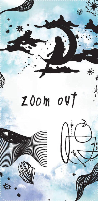 Zoom Out oracle card: a tall card with a blue watercolour background and black line art.