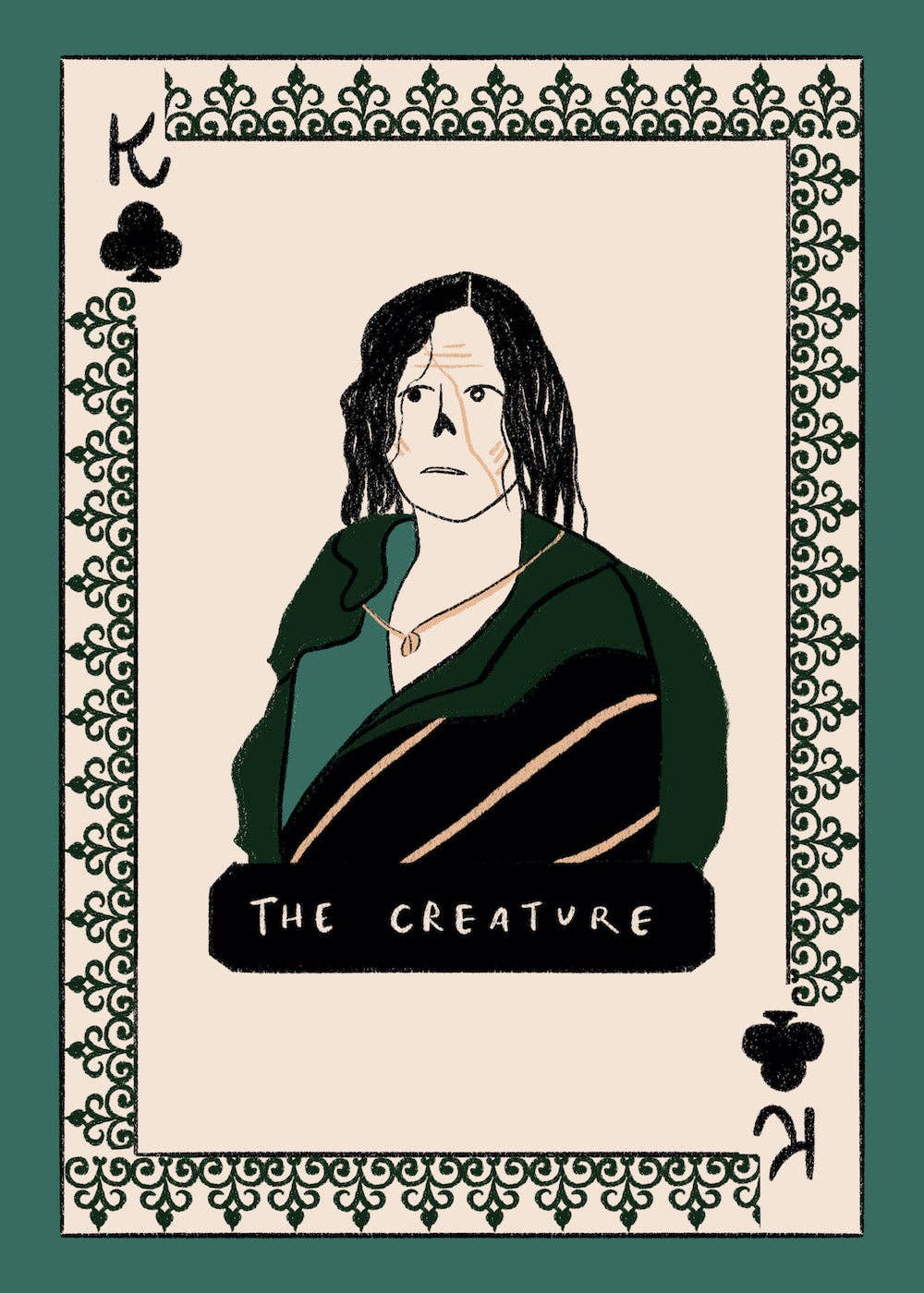 Frankenstein deck face card: a dark-haired figure in dark green clothes on a cream background, with a green patterned border.