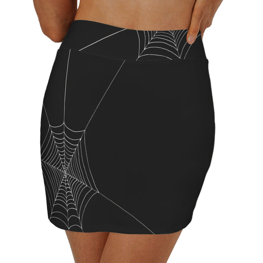 ANTIBrand black mini skirt with white spider-web print and hidden phone pocket