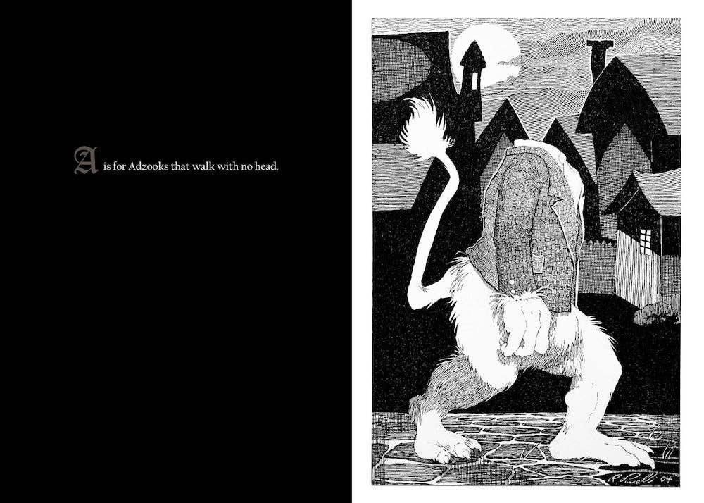 "A is for Adzooks" spread: white lettering on a black page beside a headless creature in a checked jacket, with a moonlit village behind.