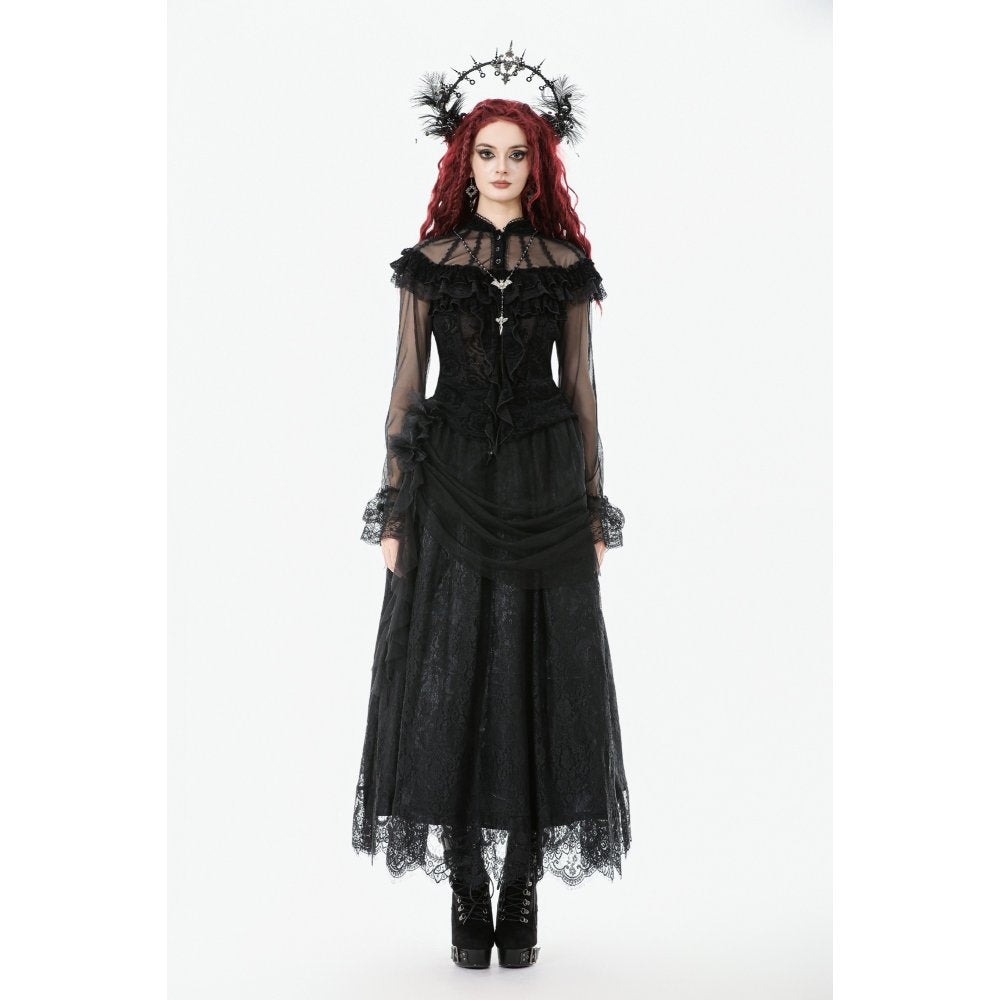 Blouse styled with long black lace skirt