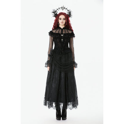 Blouse styled with long black lace skirt