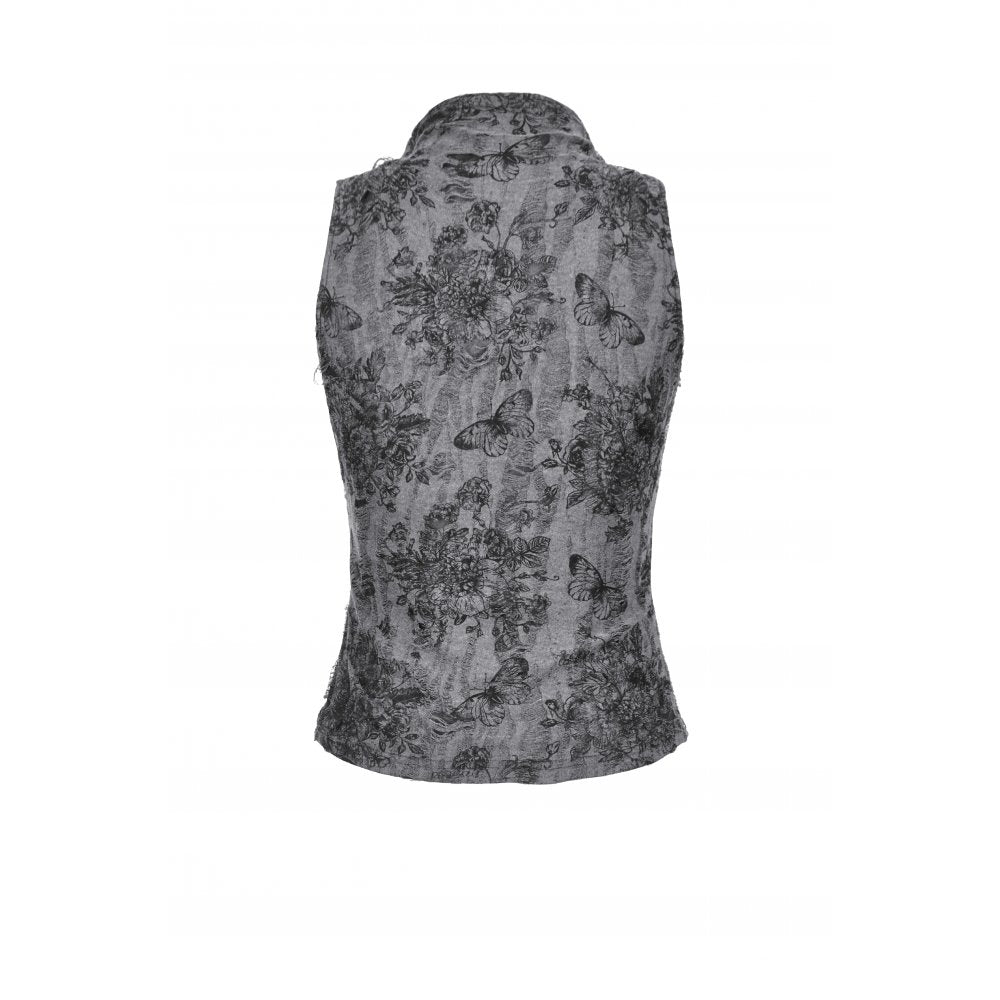 Dark in Love Shredded Butterfly Print Halter Goth Top In Grey
