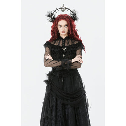 Side profile showing ruffled neckline and bodice fit