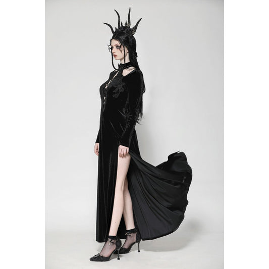 Dark in Love Vera Gothic Velvet High-Slit Maxi Dress with Hollow Neckline & Embroidered Buttons - Kate's Clothing