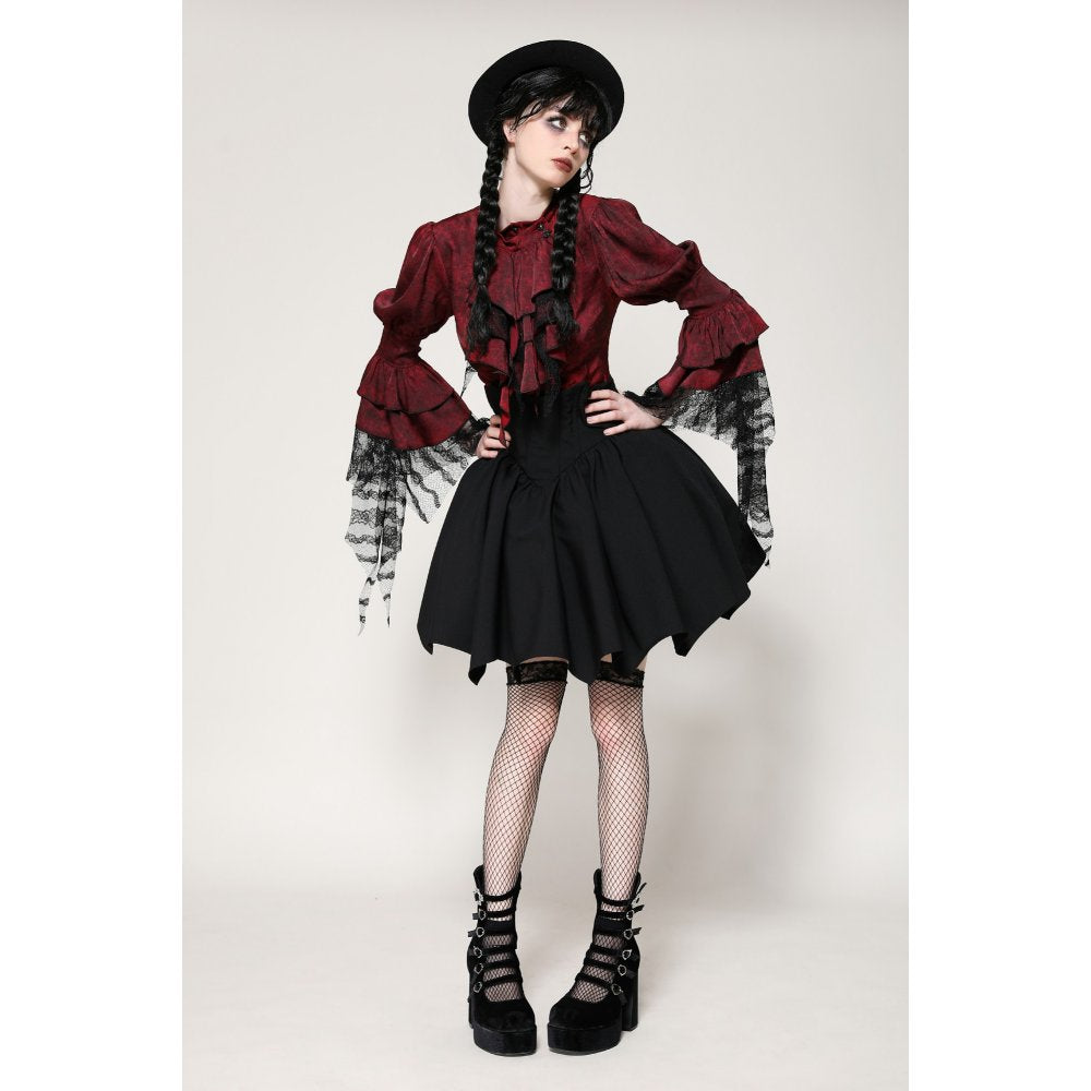Dark in Love Vampiretta Red Distressed Effect Frilly Blouse - Kate's Clothing
