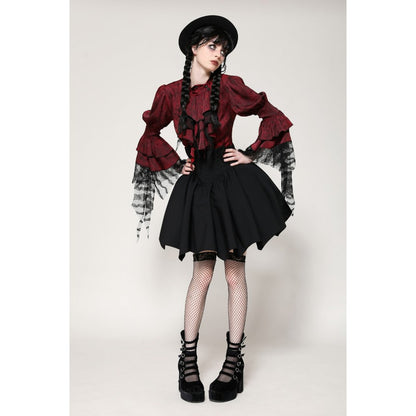 Dark in Love Vampiretta Red Distressed Effect Frilly Blouse - Kate's Clothing