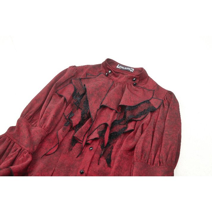 Dark in Love Vampiretta Red Distressed Effect Frilly Blouse - Kate's Clothing