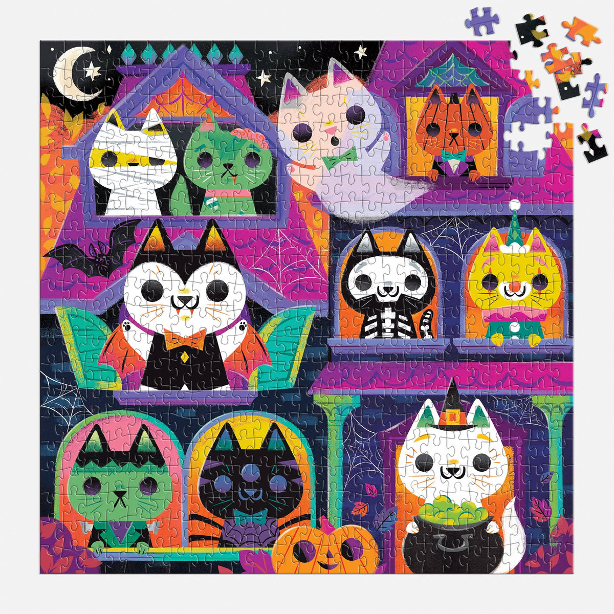 Close-up crop of the box art showing another group of cats in costume, with bats and cobwebs.