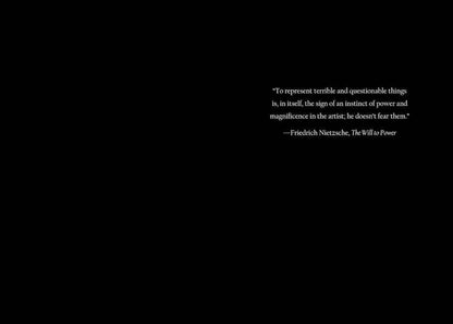 Black page with a Nietzsche quotation from The Will to Power in white lettering.