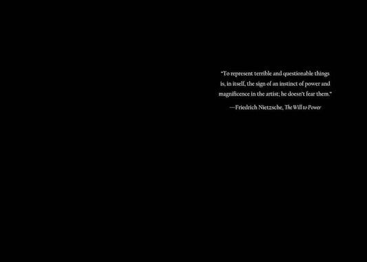 Black page with a Nietzsche quotation from The Will to Power in white lettering.