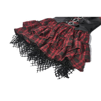 Dark in Love Red-Black Plaid Leather Layered Punk Sweetcore Dress