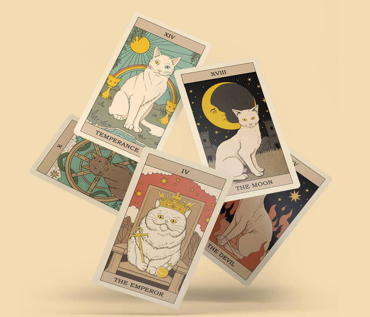 Several cat tarot cards tumbling through the air against a cream background.