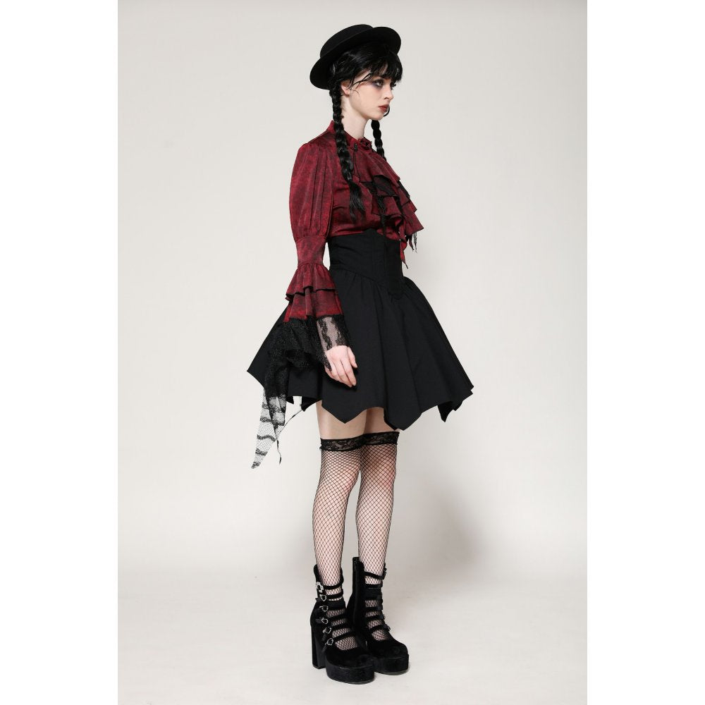 Dark in Love Vampiretta Red Distressed Effect Frilly Blouse - Kate's Clothing