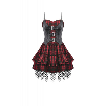 Dark in Love Red-Black Plaid Leather Layered Punk Sweetcore Dress