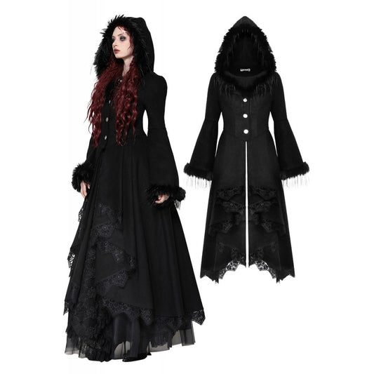 Dark in Love Eira Lace and Faux Fur Trimmed Hooded Coat - Kate's Clothing