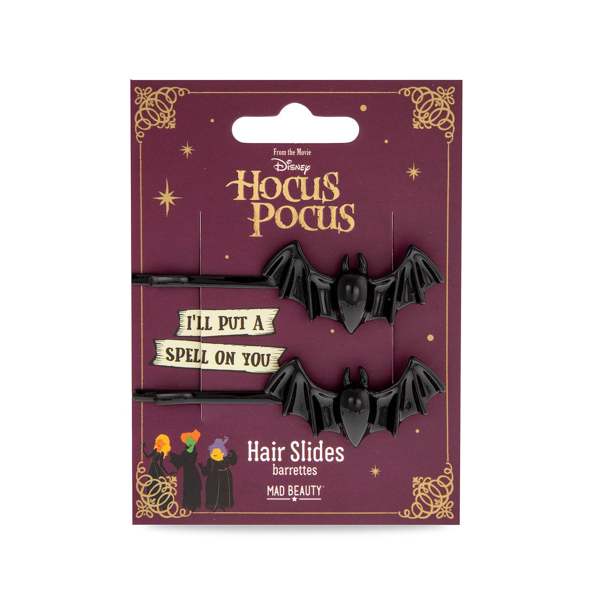 Mad Beauty Hocus Pocus bat hair slides packaging, "I'll Put a Spell on You" design