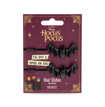 Mad Beauty Hocus Pocus bat hair slides packaging, "I'll Put a Spell on You" design