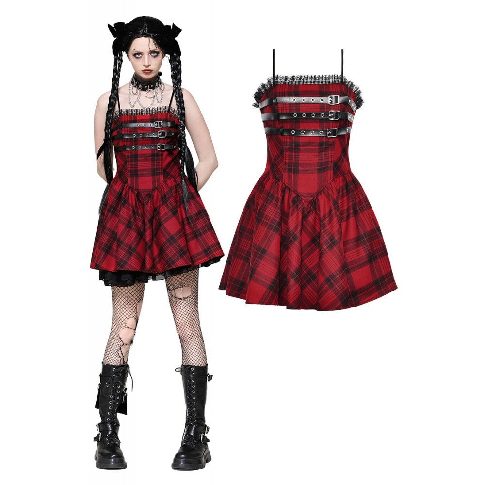 Dark in Love Evelyn Black and Red Tartan Mini Dress - Kate's Clothing