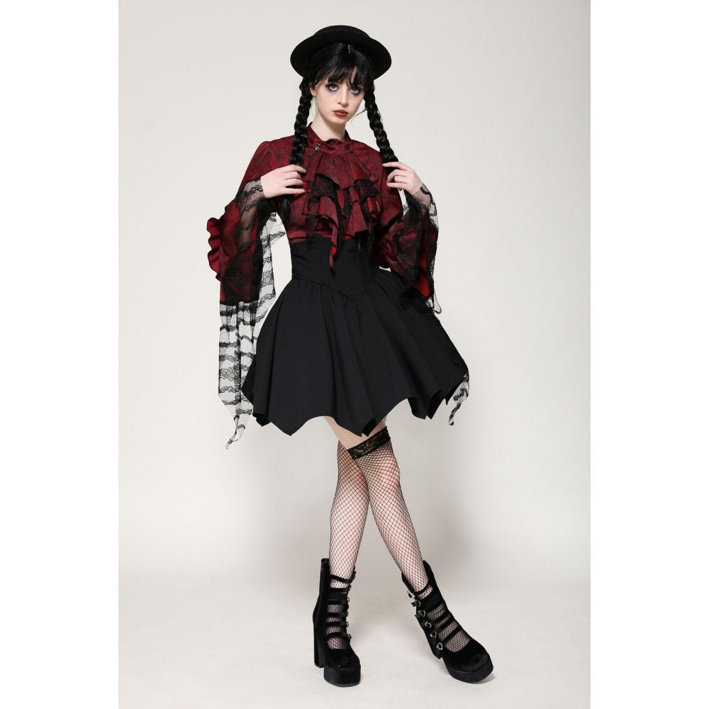 Dark in Love Vampiretta Red Distressed Effect Frilly Blouse - Kate's Clothing