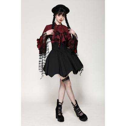 Dark in Love Vampiretta Red Distressed Effect Frilly Blouse - Kate's Clothing