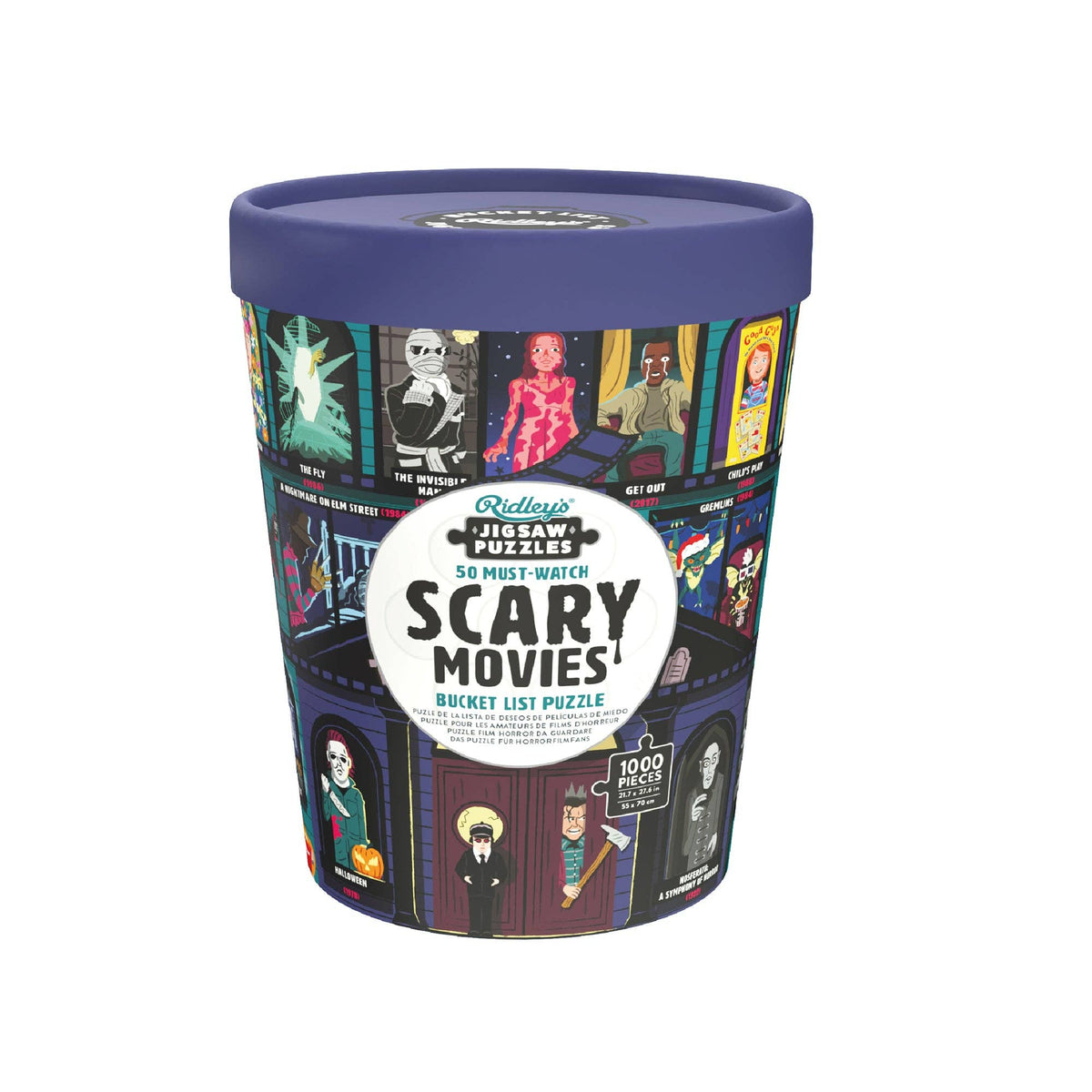 Ridley's Games Scary Movies Bucket List puzzle in its round bucket-style tub with a purple lid and horror film illustrations around the sides.