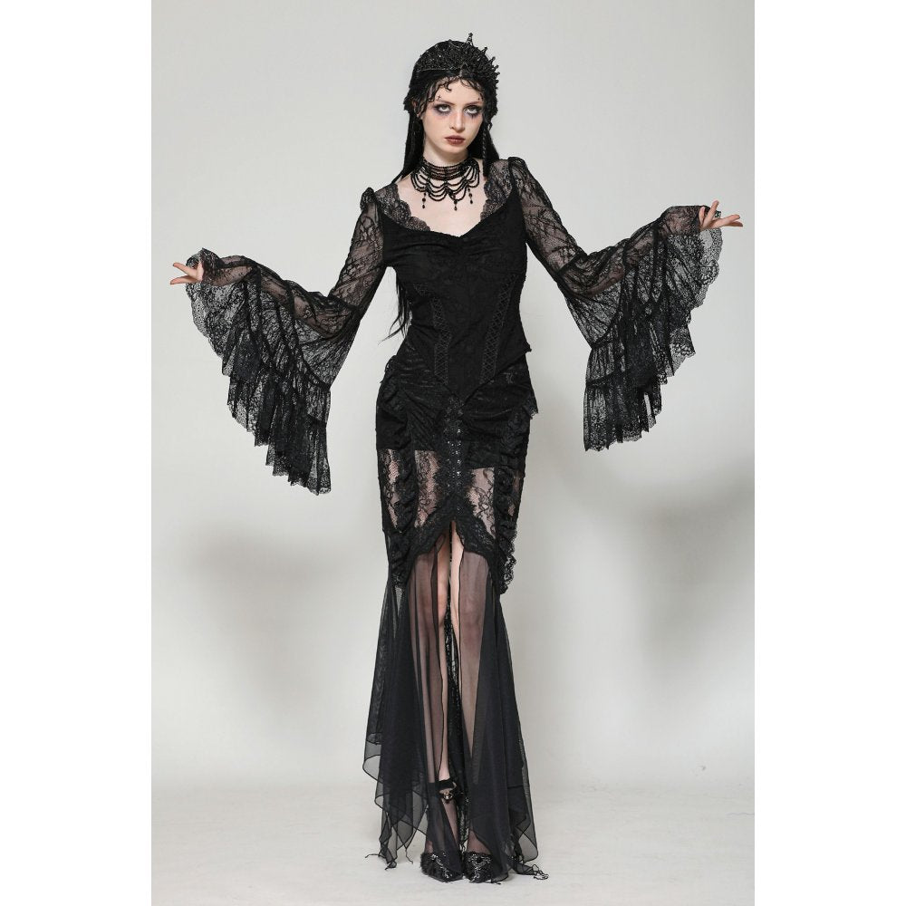 Dark in Love Zuri Gothic Romantic Lace Patchwork Bell-Sleeve Layered Cuff Top - Kate's Clothing