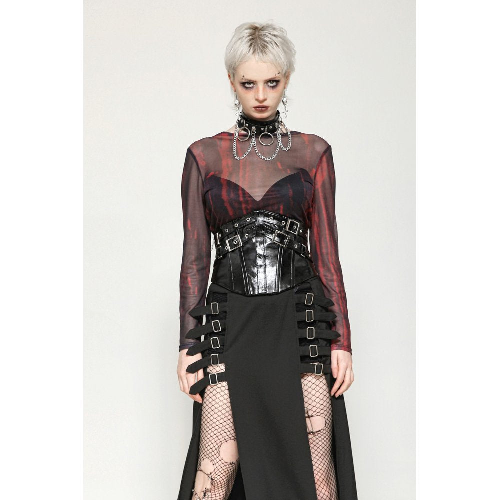Dark in Love Carson Black and Red Tie-Dye Mesh Versatile Basic Top - Kate's Clothing