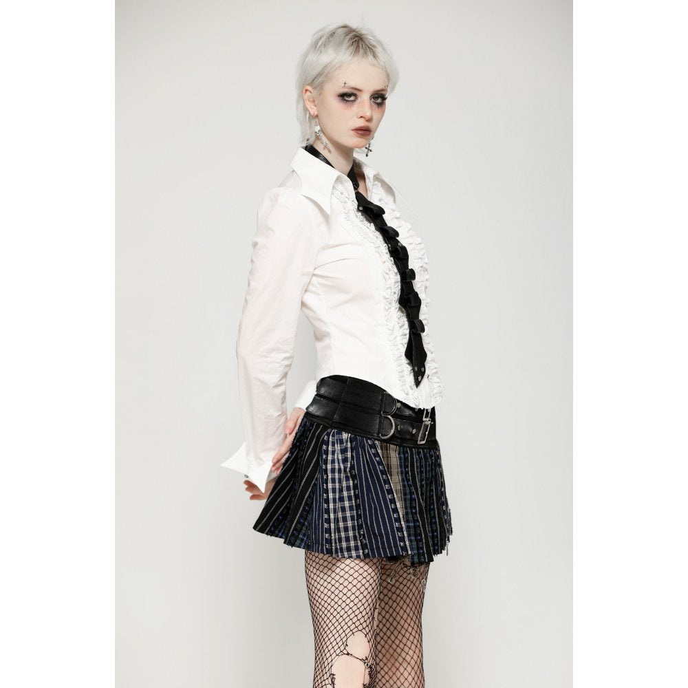 Dark in Love Sage Colorful Plaid Patchwork Leather-Waist Skirt