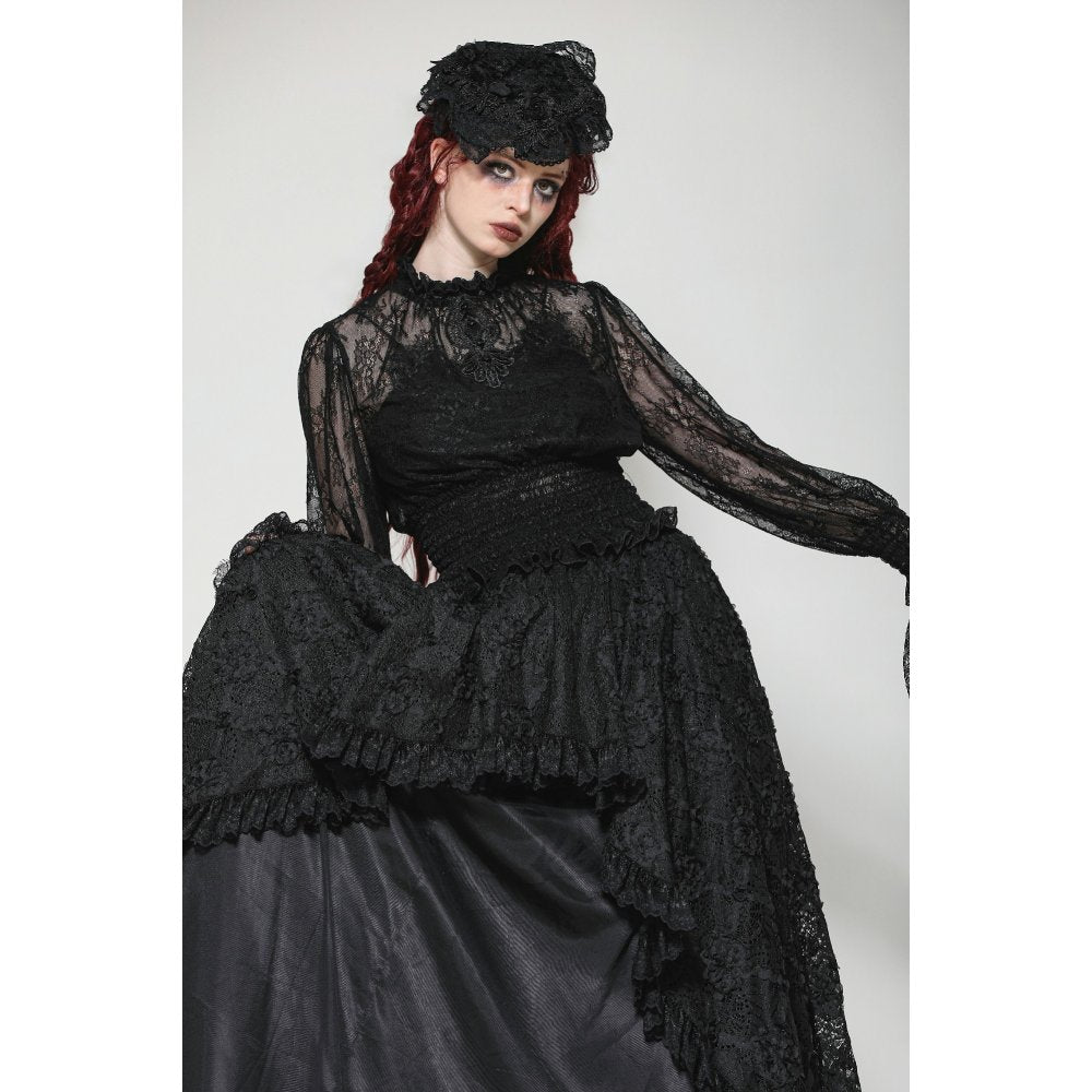 Dark in Love Aoife Black Hollow Lace Elastic Pleated Waist Eyelash Lace Cuff Top - Kate's Clothing