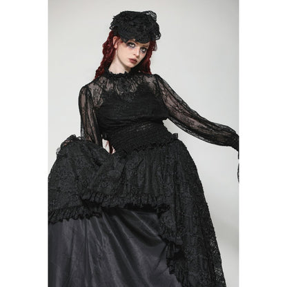 Dark in Love Aoife Black Hollow Lace Elastic Pleated Waist Eyelash Lace Cuff Top - Kate's Clothing