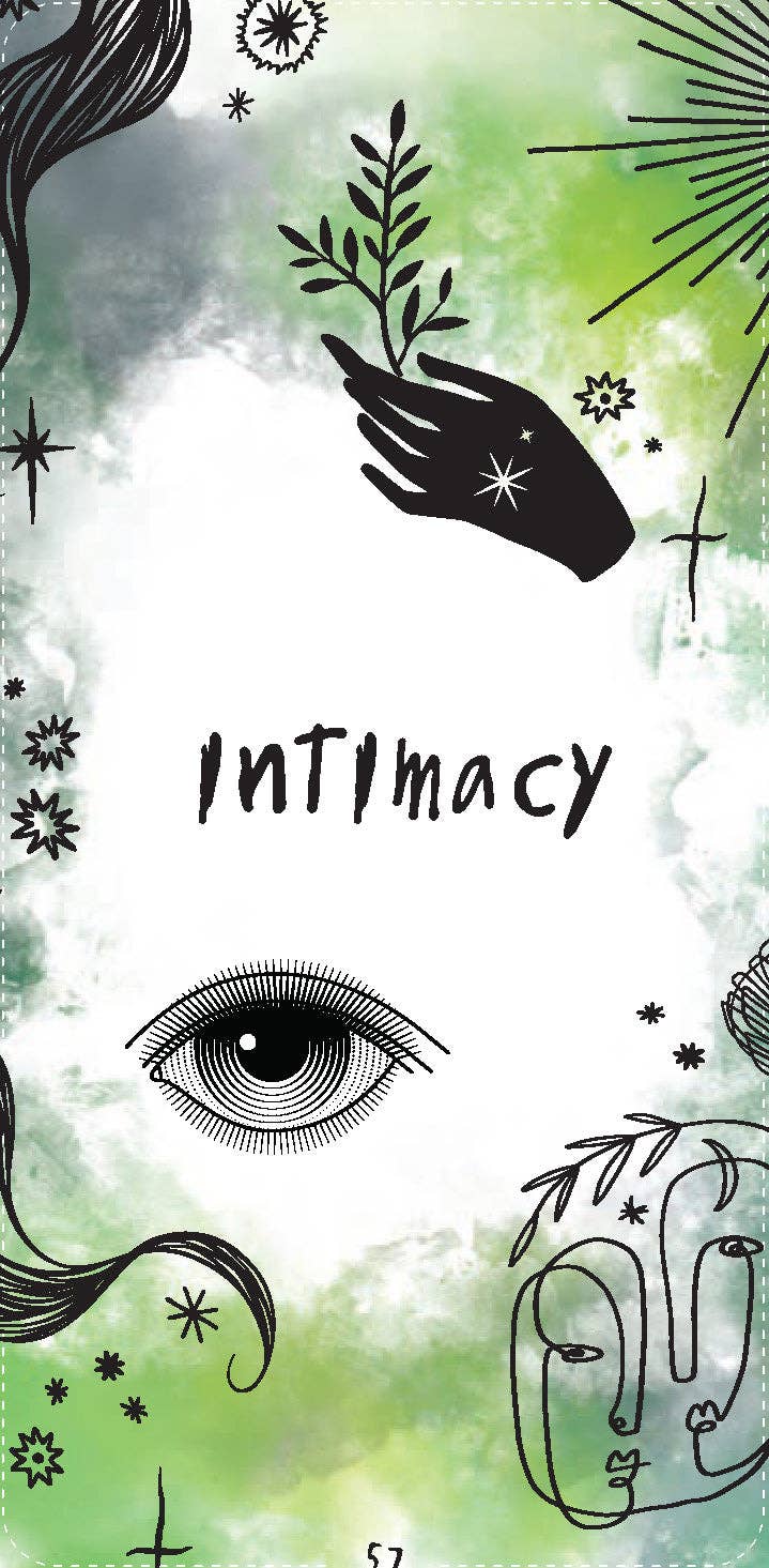 Intimacy oracle card: a green watercolour background with an eye and a hand in black line art.